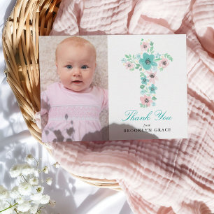 Cartão Postal Teal Floral Cross Baptism / Christening Obrigado