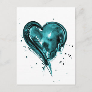 Cartão Postal Teal Heart Watercolor