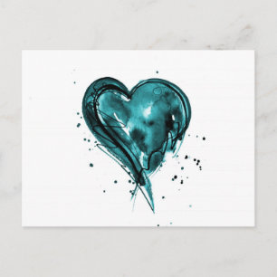 Cartão Postal Teal Heart Watercolor