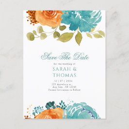 Cartão Postal Teal Orange Boho Floral Queda Salvar Data
