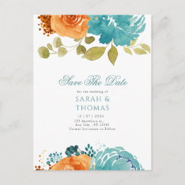 Cartão Postal Teal Orange Boho Floral Queda Salvar Data