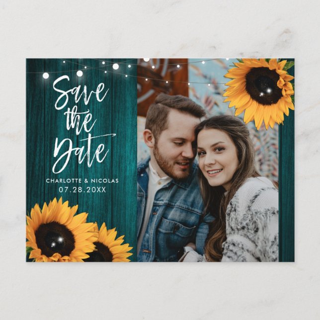 Cartão Postal Teal Sunflower Weding Save The Date Photo (Frente)