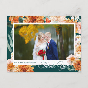 Cartão Postal Teal Terracotta Foto De Casamento Floral Obrigado