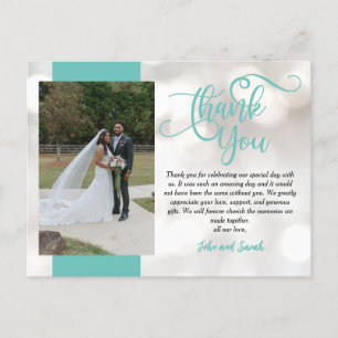 Cartão Postal Teal Wedding Bokeh Obrigado Nota Cartão-postal