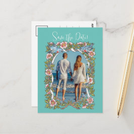 Cartão Postal Teal Wildflower Bird Border Salvar a data Foto