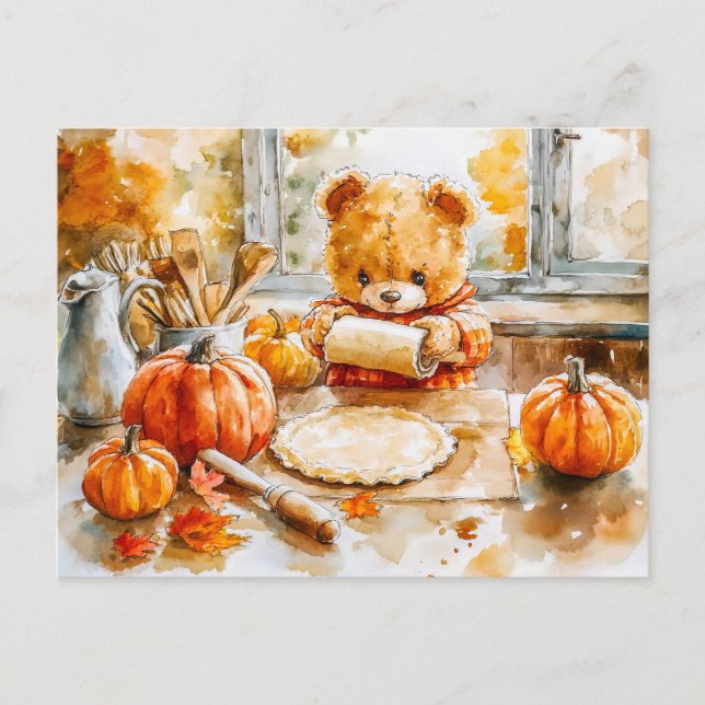 Cartão Postal Teddy Bear Baking a Pumpkin Pie (Frente)