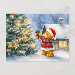 Cartão Postal Teddy Bear Decorating a Christmas Tree in snowing