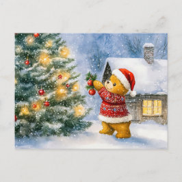Cartão Postal Teddy Bear Decorating a Christmas Tree in snowing 