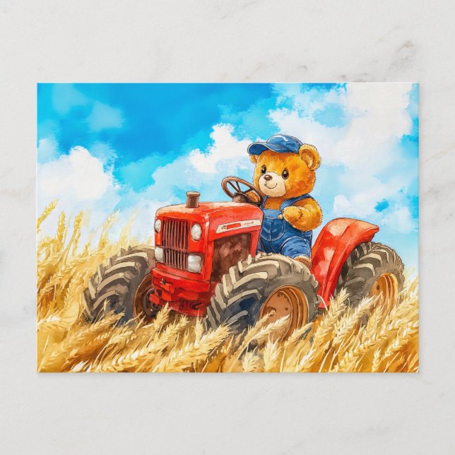 Cartão Postal  Teddy Bear Driving a Tractor in Wheat Field (Frente)