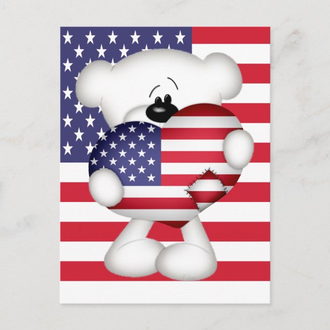 Cartão Postal Teddy Bear e Big USA Flag Heart (Frente)