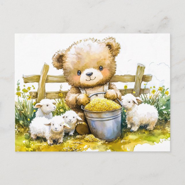 Cartão Postal Teddy Bear Feeding Sheep on Farm (Frente)
