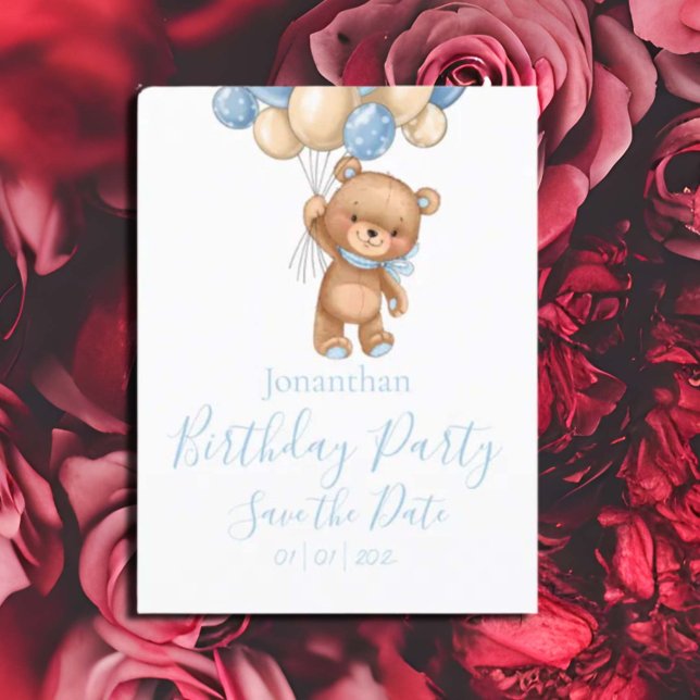 Cartão Postal Teddy Bear Festa de aniversário Blue Boy Salvar a  (Pretty Watercolor Flowers Garden Baby Shower Invitation)