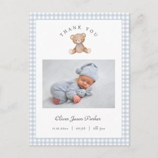 Cartão Postal Teddy Bear Gingham Baby Boy Birth Announcement