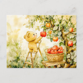 Cartão Postal Teddy Bear Harvesting Apples with Ladder