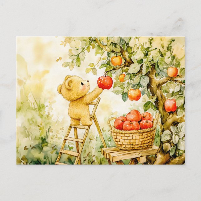 Cartão Postal Teddy Bear Harvesting Apples with Ladder (Frente)