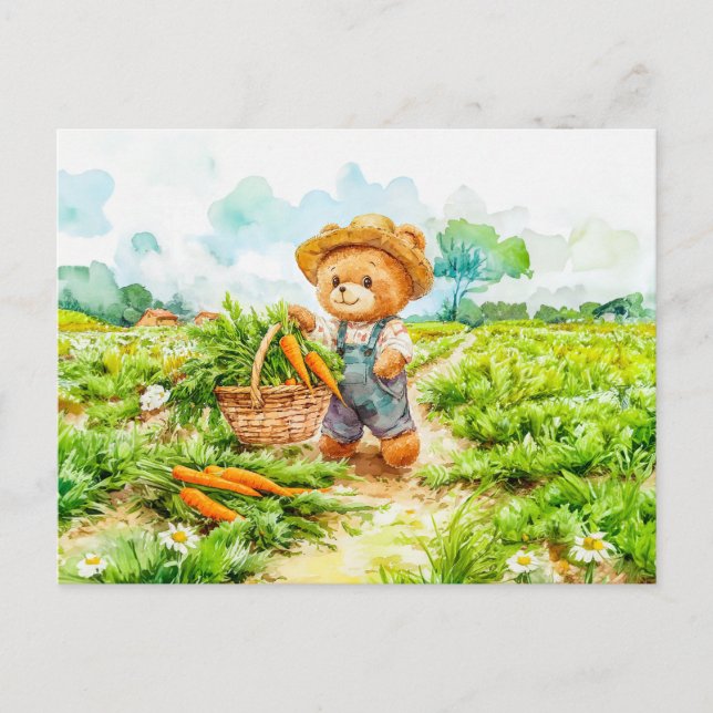 Cartão Postal Teddy Bear Harvesting Carrots in a Field (Frente)