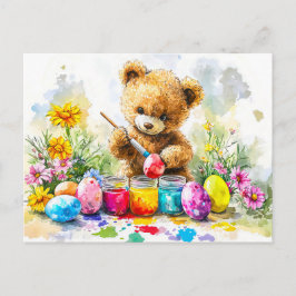 Cartão Postal  Teddy Bear Painting Easter Eggs