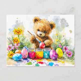 Cartão Postal  Teddy Bear Painting Easter Eggs