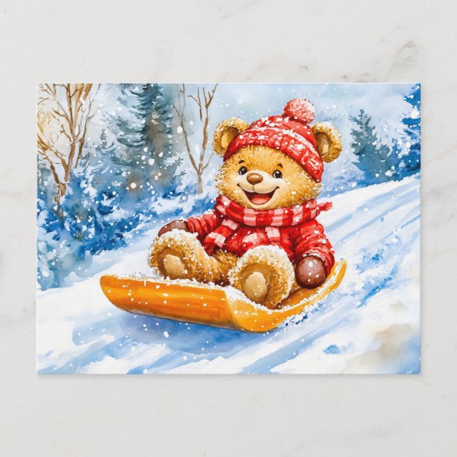 Cartão Postal Teddy Bear Sledding Downhill in Winter (Frente)