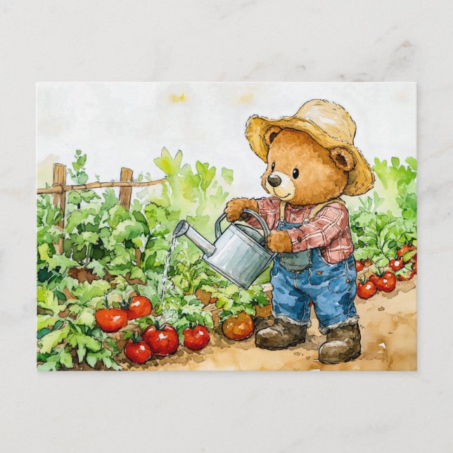 Cartão Postal Teddy Bear Watering Tomato Plants (Frente)