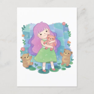 Cartão Postal Teddy Bears & Girl Illustration