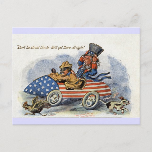 Cartão Postal Teddy Roosevelt & tio Sam no automóvel patriótico (Frente)