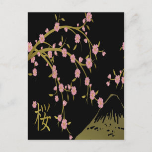 Cartão Postal Tela Japonesa Rosa Sakura Dourado Preto