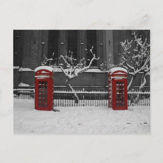 Cartão Postal Telefones de Londres na neve (Frente)