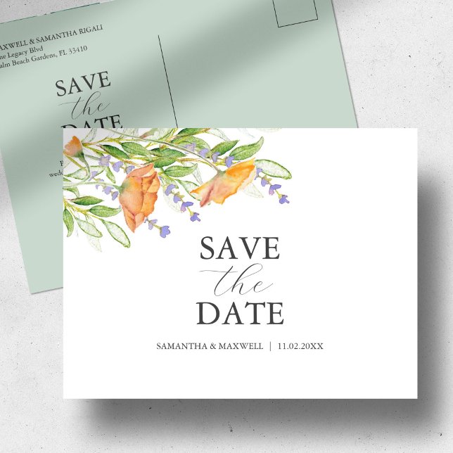 Cartão Postal Tema De Casamento De Flores Selvagens Salvar A Dat (Save the date postcard watercolor orange florals by Victoria Grigaliunas of Do Tell A Belle)