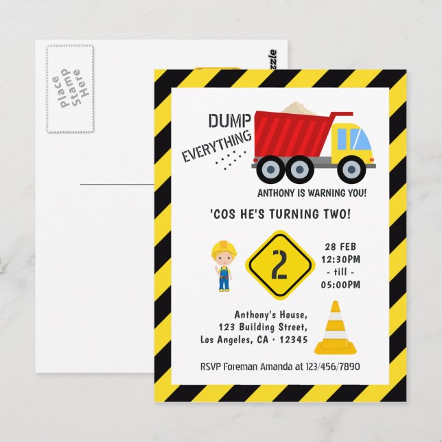Cartão Postal Tema de Construção para Qualquer Idade Caminhão de (Frente/Verso)