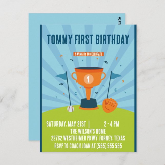 Cartão Postal Tema de Esportes de Aniversário de 1 ano de Beiseb (Frente/Verso)