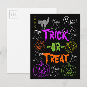 Cartão Postal Tema de Halloween de Truque ou Tratar Gatos de Bom