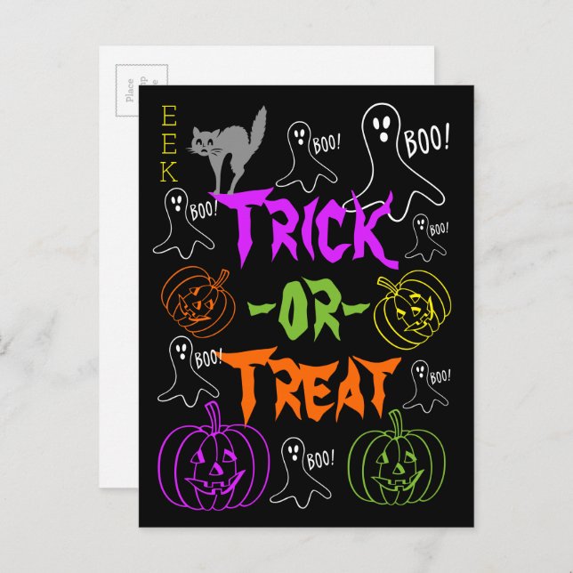 Cartão Postal Tema de Halloween de Truque ou Tratar Gatos de Bom (Frente/Verso)