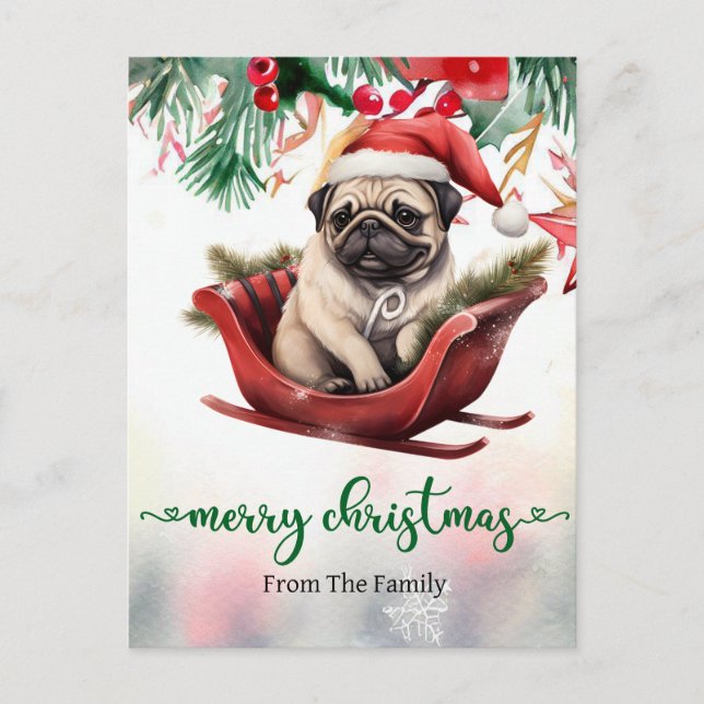 Cartão postal temático de Natal com cão Pug (Frente)