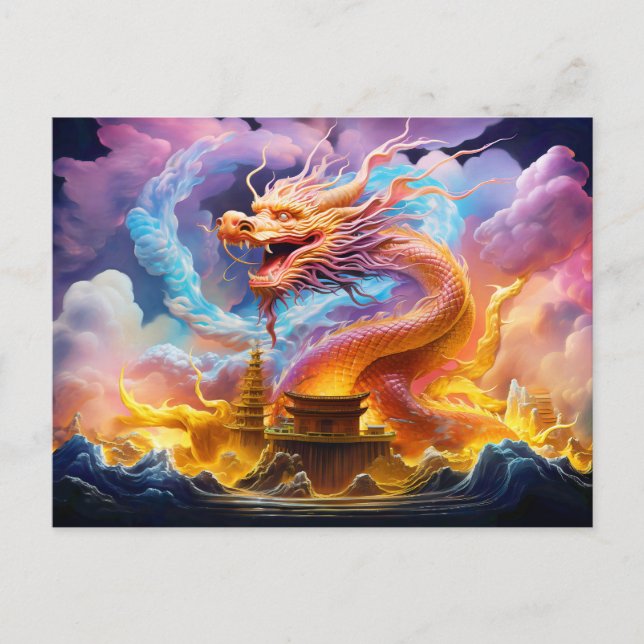 Cartão Postal Temple Grace – Chinese Airbrush Dragon in Pink and (Frente)