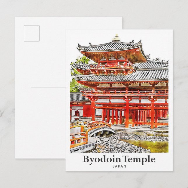 Cartão Postal Templo Byodoin Viagem Japão Aquarela Desenhado à M (Frente/Verso)