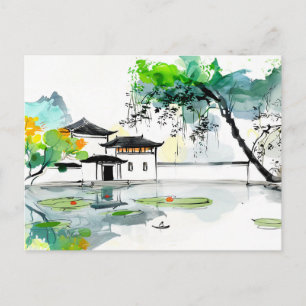 Cartão Postal Templo Chinês junto a um Lago de Lótus