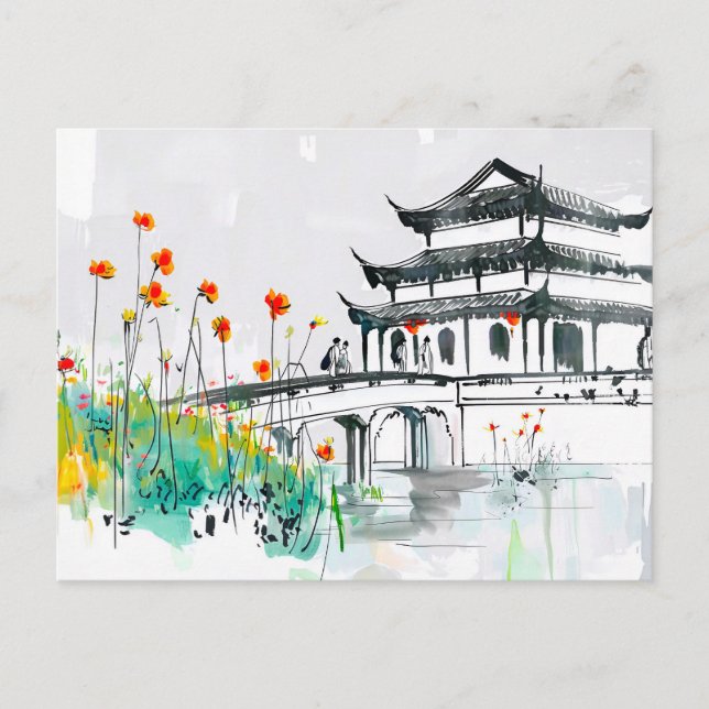 Cartão Postal Templo Chinês por Flor (Frente)
