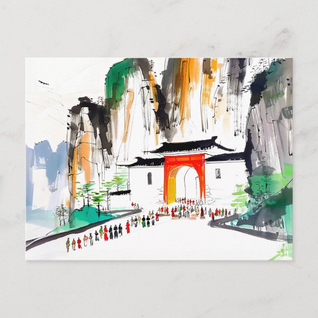 Cartão Postal Templo com Pessoas na Paisagem Montanhosa (Frente)