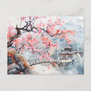 Cartão Postal Templo de Aquarela Chinês com Blossomas de Cereja