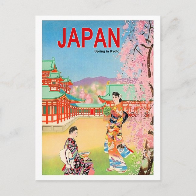 Cartão Postal Templo do Japão em primavera, garotas geisha camin (Frente)