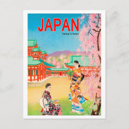 Cartão Postal Templo japonês na primavera, garotas gueixas a pas