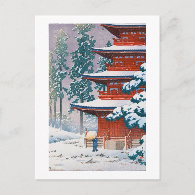 Cartão Postal Templo Saishoin em Neve, Hasui Kawase, Corte de Ma (Frente)