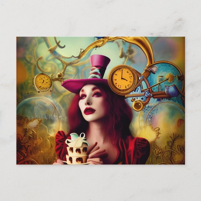 Cartão Postal Tempo de Manutenção de Alice Hatter Steampunk (Frente)