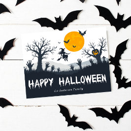 Cartão Postal Temporada Assustadora Feliz Halloween Bruxa Morceg