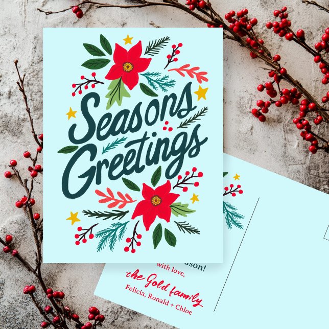 Cartão Postal TEMPORIZAÇÕES GREETINGS Feriado de Natal Xmas PERS (SEASONS GREETINGS Christmas Holiday Xmas Hand-Drawn Cute Botanical CUSTOM Postcard
)