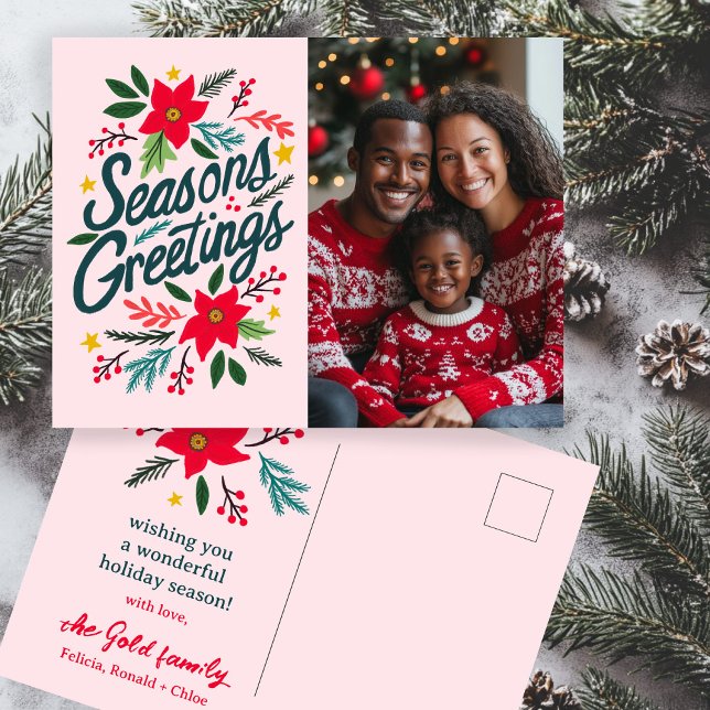 Cartão Postal TEMPORIZAÇÕES SEMPRE Feriados de Natal FOTO PERSON (SEASONS GREETINGS Christmas Holidays CUSTOM PHOTO Hand drawn botanicals Postcard
)