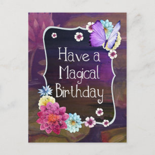 Cartão Postal Tenha um Aniversário Mágico Arte Floral Colorida
