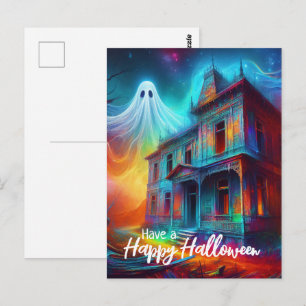 Cartão Postal Tenha um Feliz Halloween Casa Assombrada e Fantasm