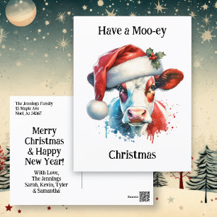 Cartão Postal Tenha um Feliz Natal   Vaca engraçada com chapéu d